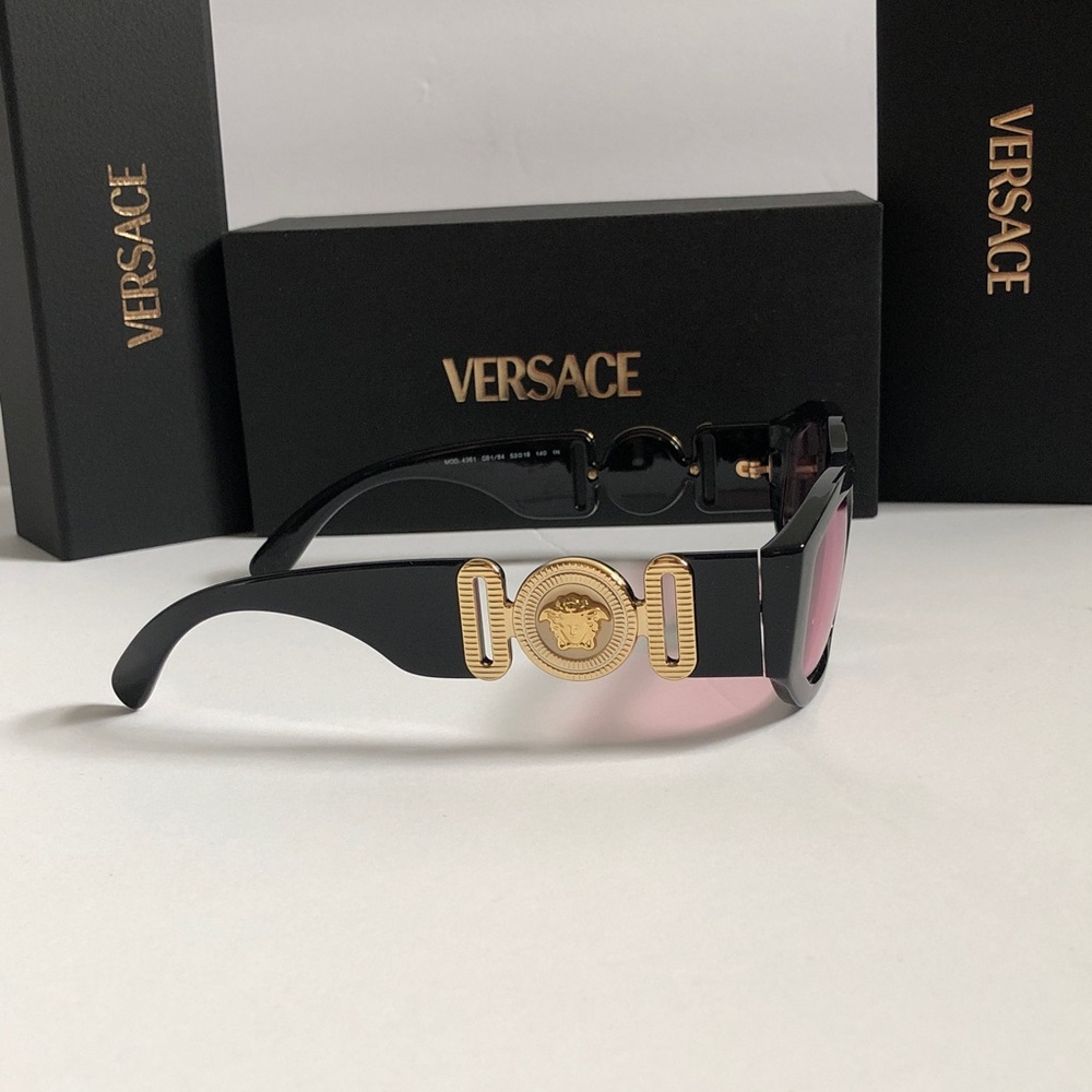 New Versace Women’s Black Frame Sunglasses with Pink Lenses and Gold Accents - Picture 4 of 13